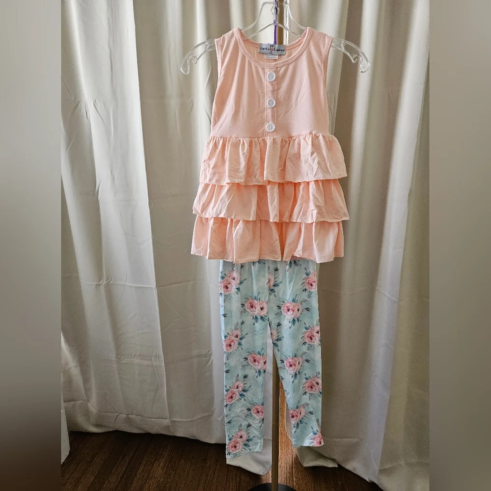 Adorable Sweetness 2-Pc Girls Peach Swing Top & Pastel Floral Leggings Set